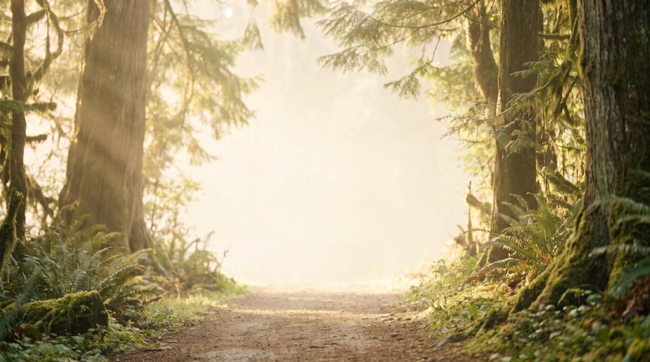 A calm, sunlit forest
