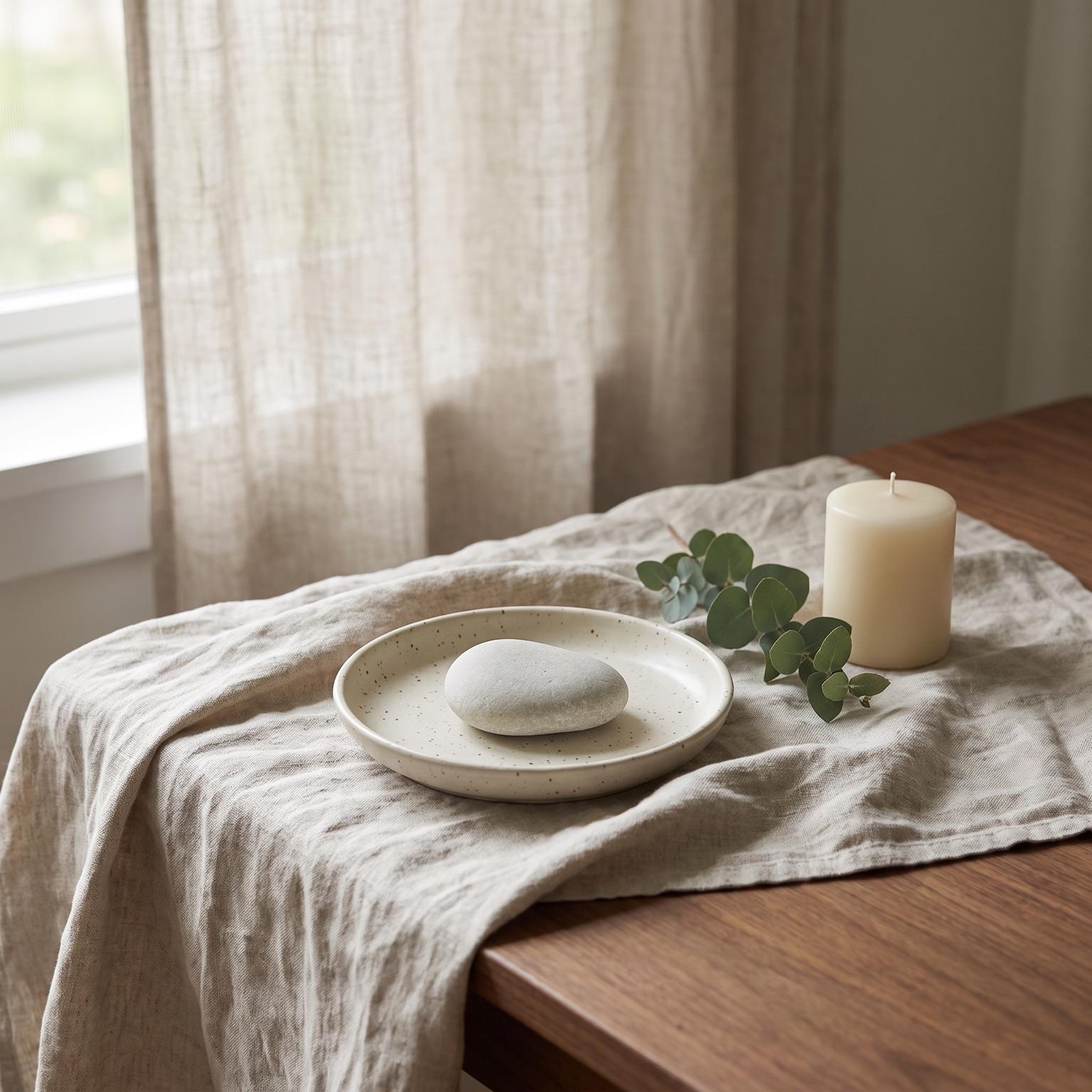 A smooth pale stone resting in a speckled ceramic dish on rumpled linen, beside eucalyptus and an unlit candle in soft window light
