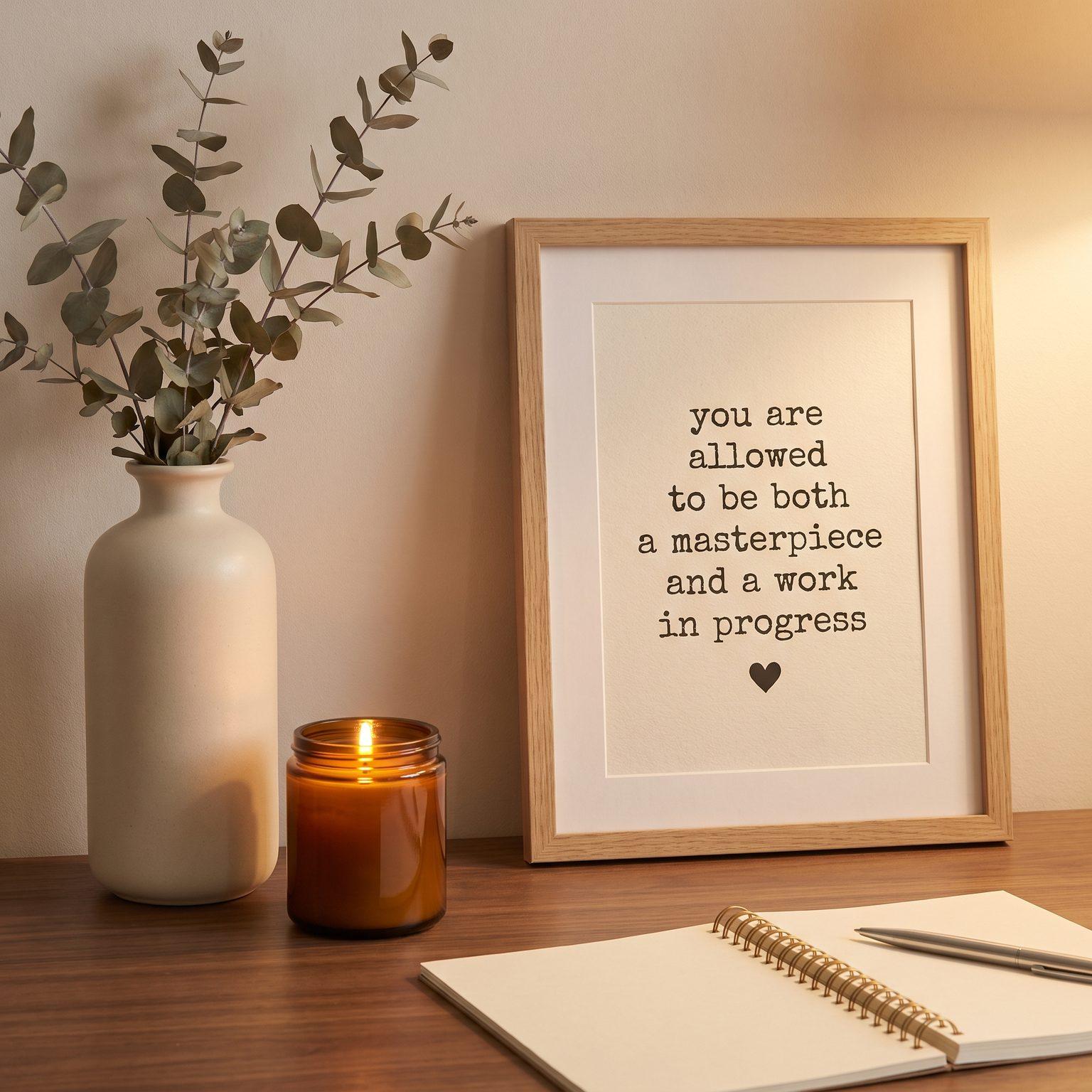 A warm desk corner with eucalyptus, a lit candle, and an open notebook