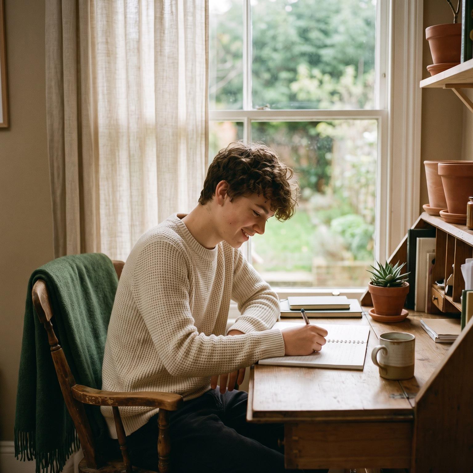 An orderly desk with notebooks, pens, and a small plant