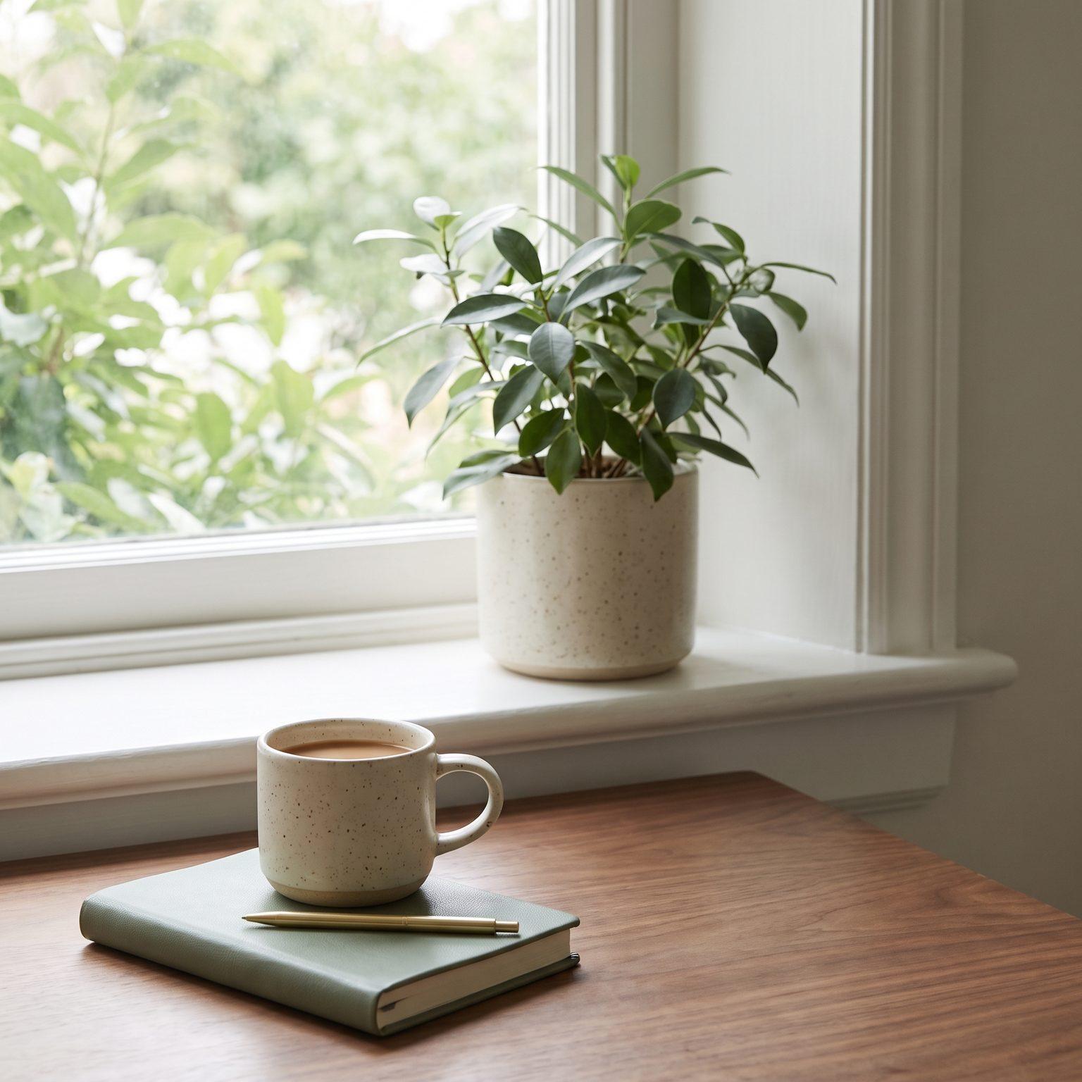 A speckled mug and a sage-green journal on a windowsill beside a potted plant