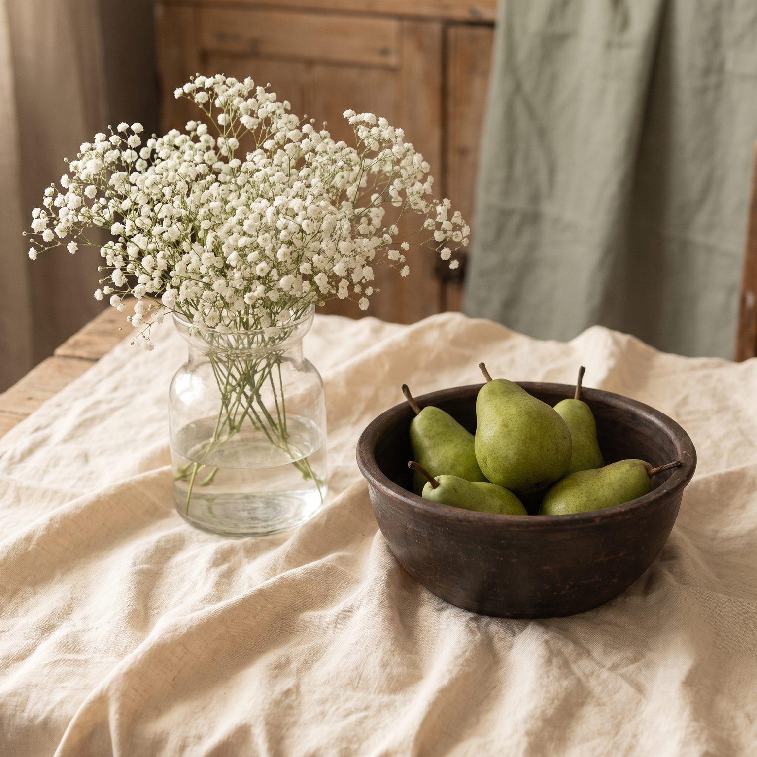 Baby's breath in a glass vase beside a bowl of green pears on linen