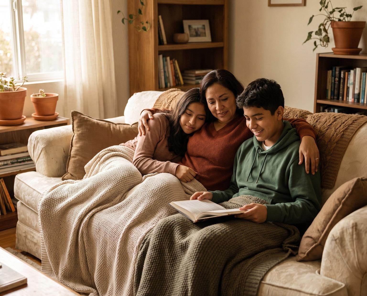 A warm family living room with a cozy sofa and soft throws
